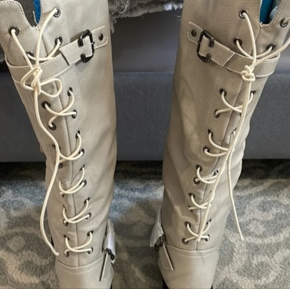 Wanted Lady Luck Over the Knee Boots in Cream Faux Leather Sz 6 New